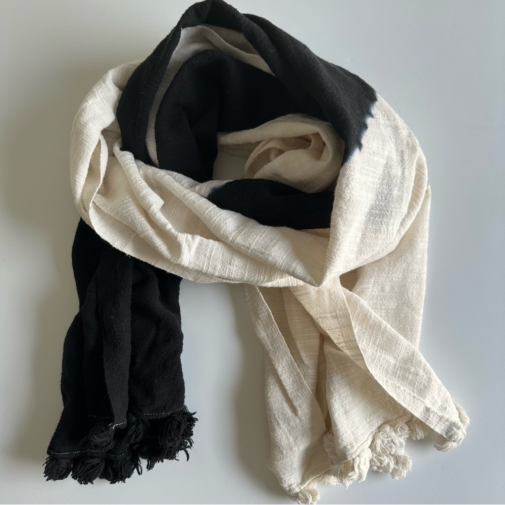 J. Crew Black Cream Asymmetrical Dye Scarf Tassel